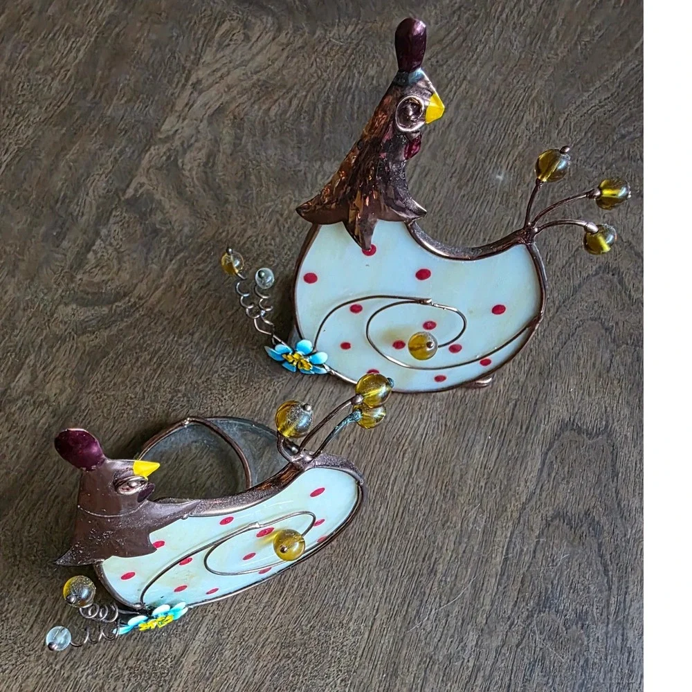 Vintage Stained Glass Chicken Tea Light Candle Holders Set of 2 Farmhouse Decor